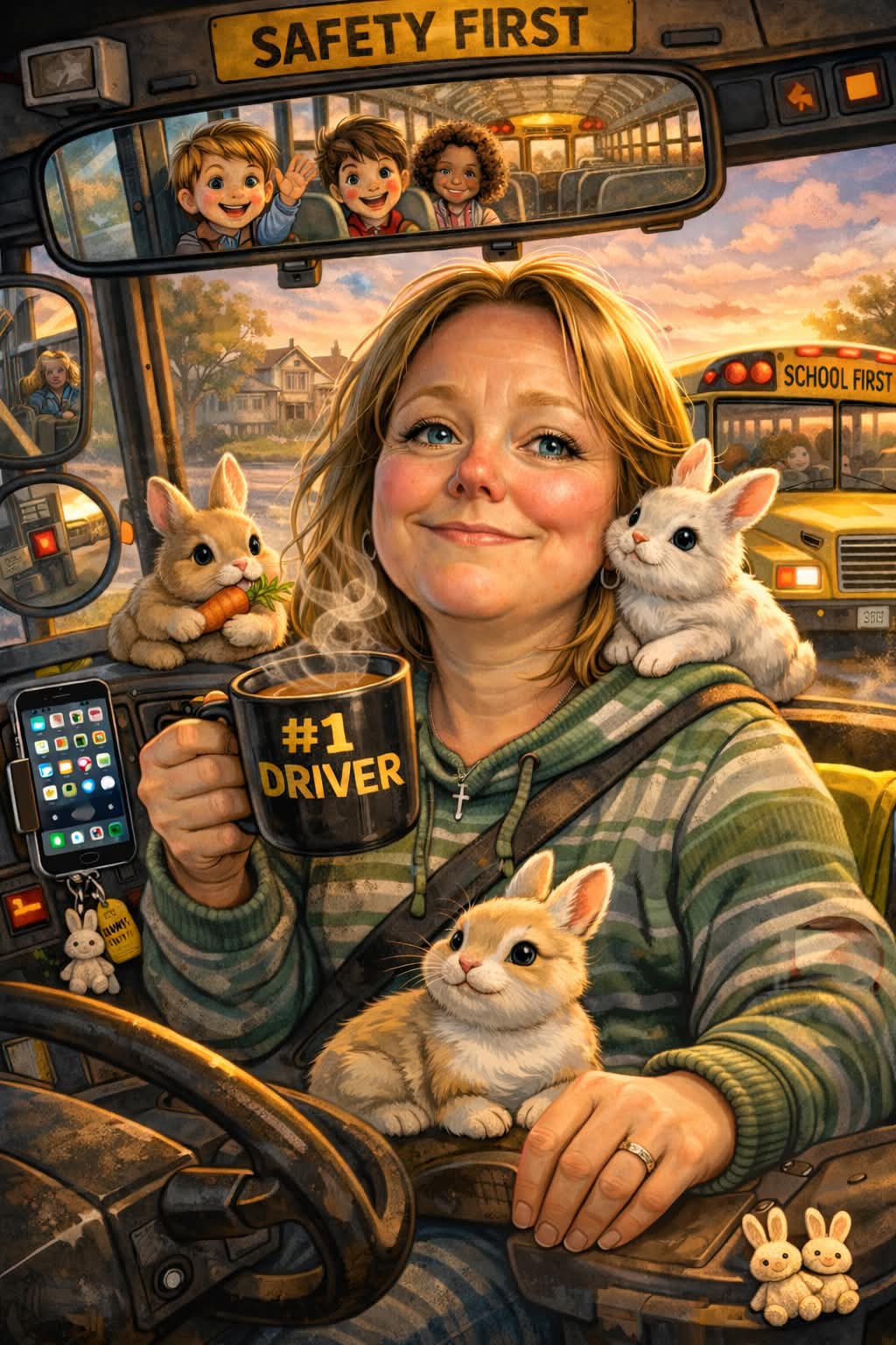 Illustration of Samantha Francis behind the wheel of her school bus, coffee in hand, bunnies along for the ride