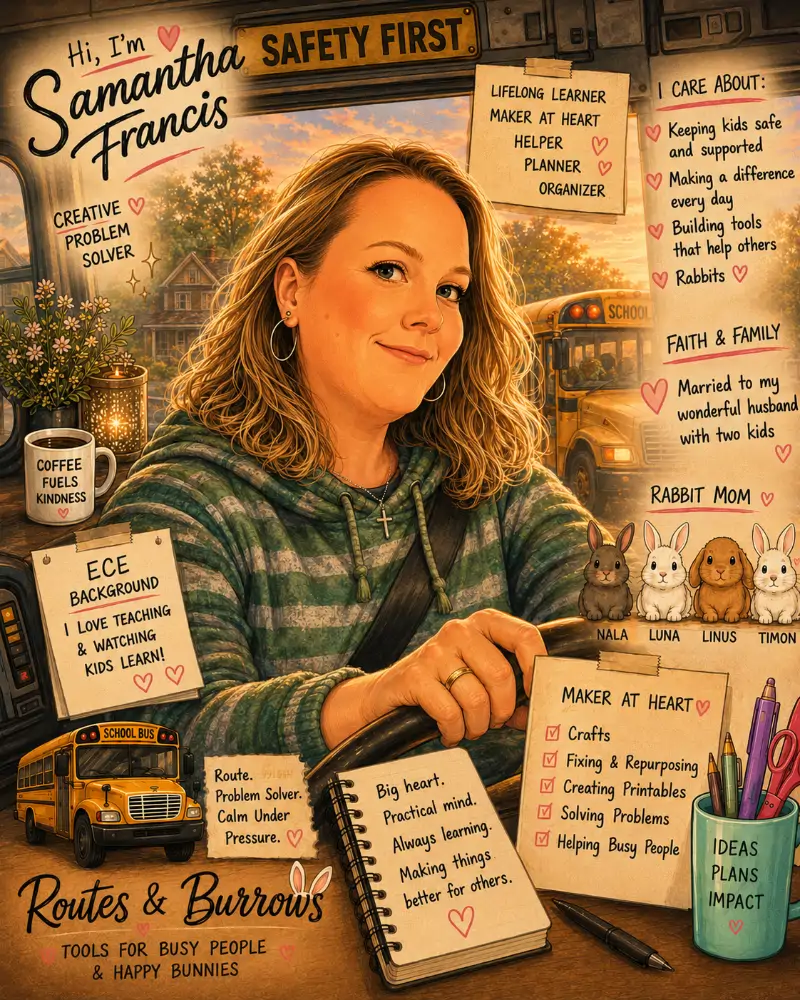 Illustrated collage of Samantha Francis at the wheel of her school bus, her four rabbits alongside