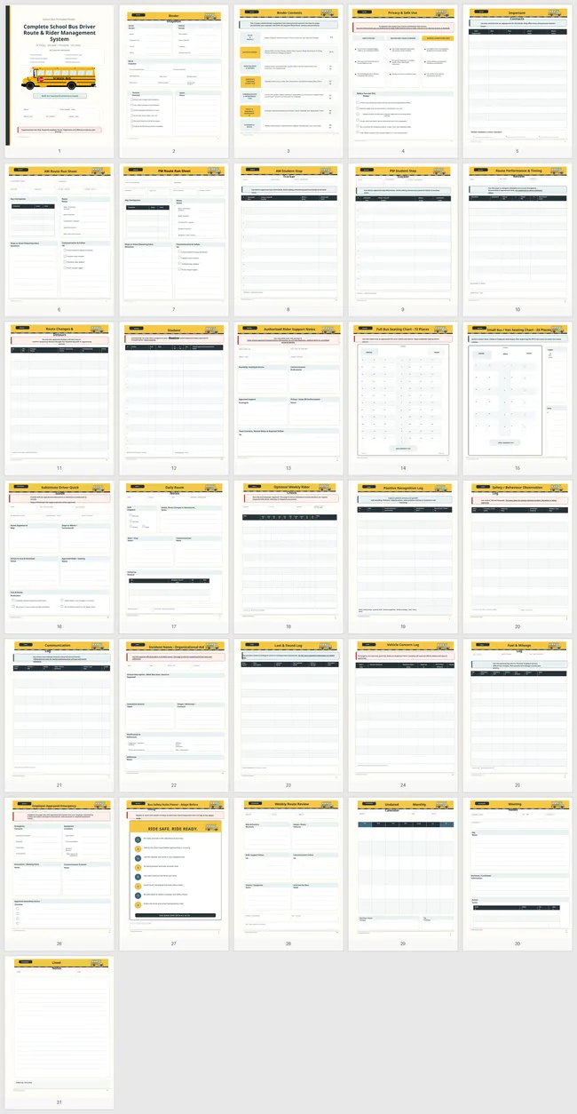 All 31 binder pages laid out together